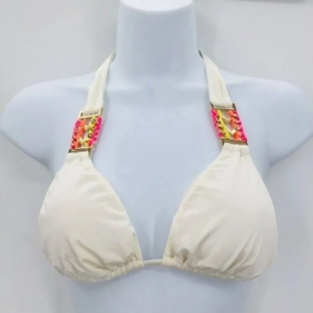 Beach bunny bronze white Belize Beauty triangle bikini top M BoxC